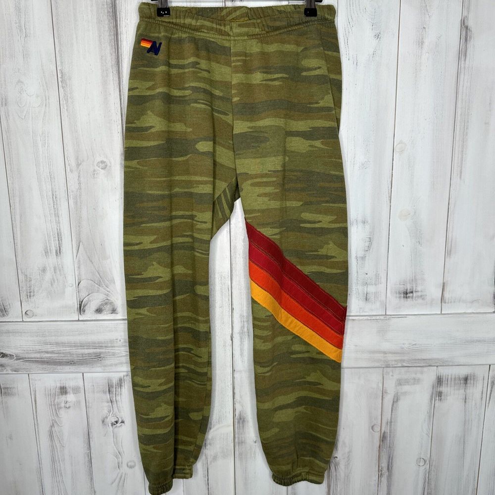 Aviator Nation Green Camo Joggers with Red and Orange Stripes